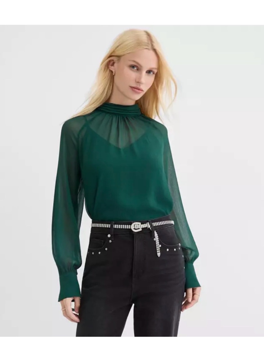 LOFT Deep Green Long-Sleeve Gathered Neck Blouse